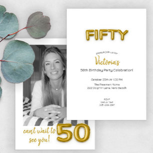 Gold Balloon 50th Birthday Photo Invite