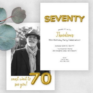 Gold Balloon 70th Birthday Photo Invite