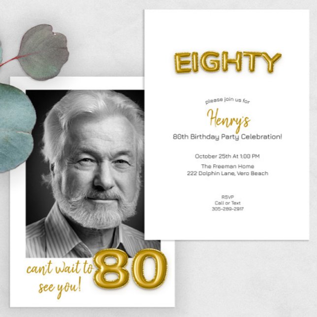 Gold Balloon 80th Birthday Photo Invite (Creator Uploaded)