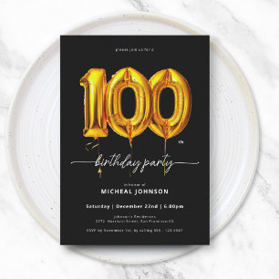 Gold Balloon Black 100th Birthday Invitation