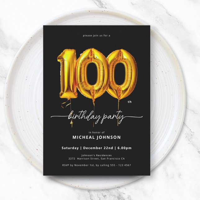 Gold Balloon Black 100th Birthday Invitation (Gold Balloon Black 100th Birthday Invitation)