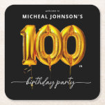 Gold Balloon Black 100th Birthday Party Square Paper Coaster<br><div class="desc">Gold Balloon Black 100th Birthday Party Square Paper Coaster. Celebrate in style with this modern and elegant milestone birthday design featuring bold black and gold accents and a chic foil balloon illustration. Perfect for marking a major life moment, the design combines sophistication with a festive touch. The sleek layout enhances...</div>