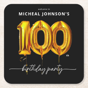 Gold Balloon Black 100th Birthday Party Square Paper Coaster