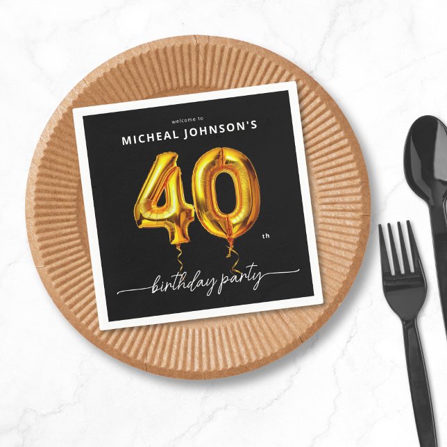 Gold Balloon Black 40th Birthday Party Napkin (Gold Balloon Black 40th Birthday Party Napkins)