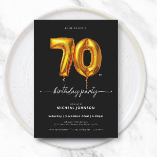 Gold Balloon Black 70th Birthday Invitation