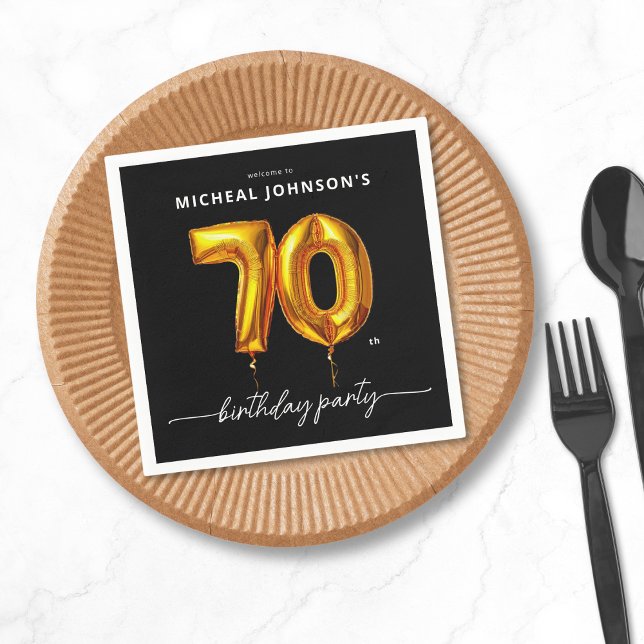 Gold Balloon Black 70th Birthday Party Napkin (Gold Balloon Black 70th Birthday Party Napkins)