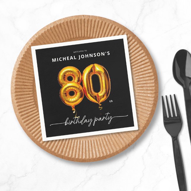 Gold Balloon Black 80th Birthday Party Napkin (Gold Balloon Black 80th Birthday Party Napkins)