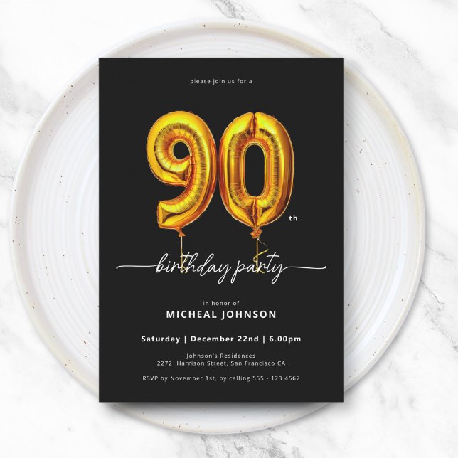 Gold Balloon Black 90th Birthday Invitation (Gold Balloon Black 90th Birthday Invitation)