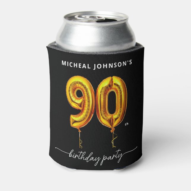 Gold Balloon Black 90th Birthday Party Can Cooler (Can Back)