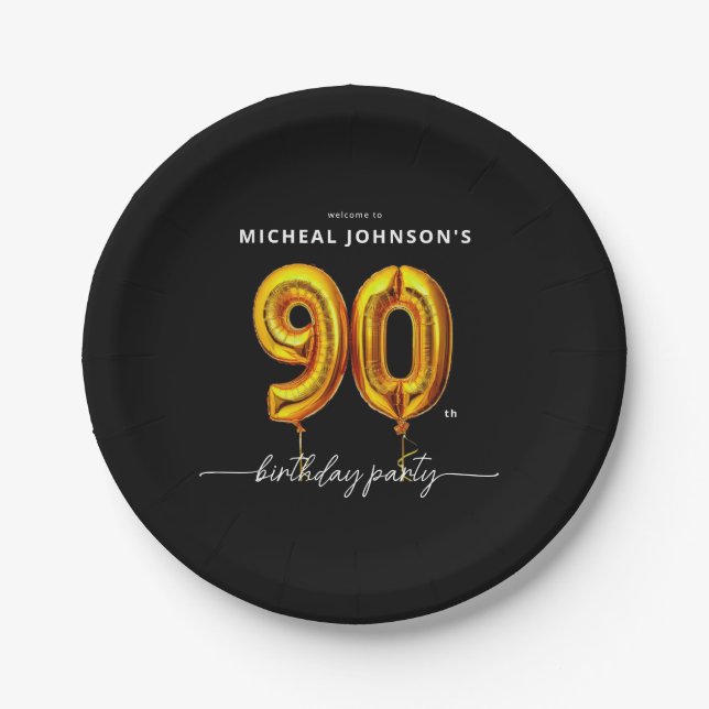 Gold Balloon Black 90th Birthday Party Paper Plate (Front)