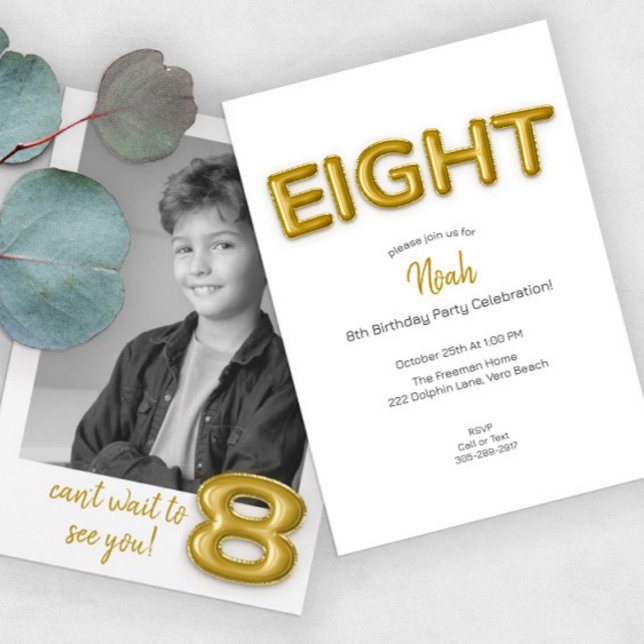 Gold Balloon Eighth Birthday Photo Invite (Creator Uploaded)