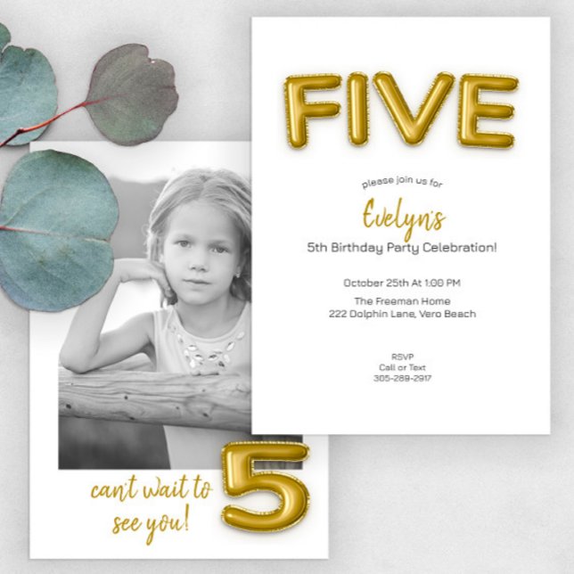Gold Balloon Fifth Birthday Photo Invite (Creator Uploaded)