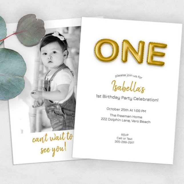 Gold Balloon First Birthday Photo Party Invite  (Creator Uploaded)