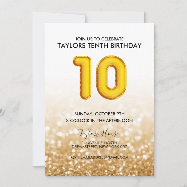 Gold Balloon Glitter 10th Birthday Party Invitation (Front)
