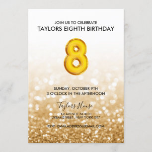 Gold Balloon Glitter 8th Birthday Party Invitation