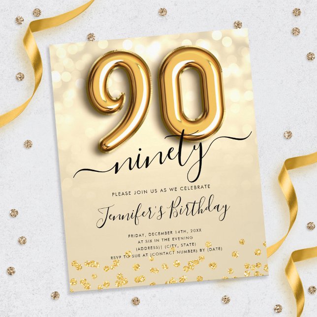 Gold Balloon Glitter 90th Birthday Party Invite Flyer (Creator Uploaded)