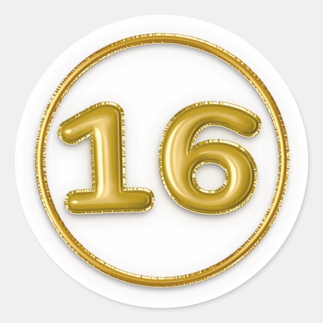 Gold Balloon Number 16 Round Sticker (Front)