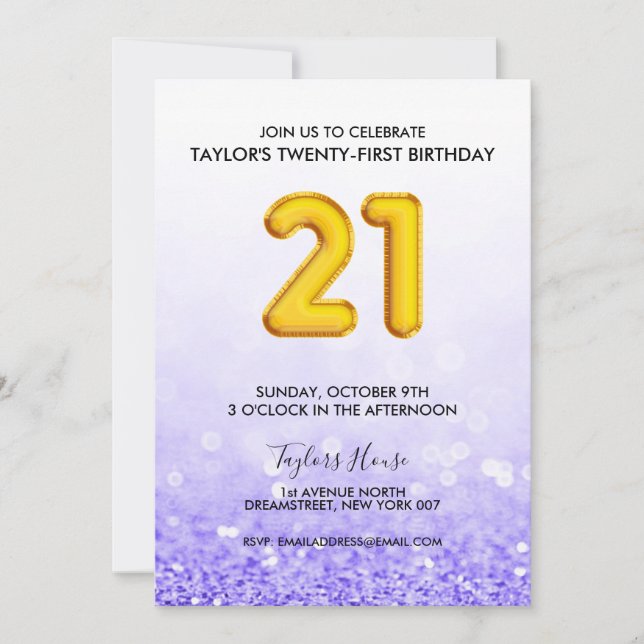 Gold Balloon Purple Glitter 21 Birthday Party Invitation (Front)
