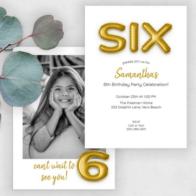 Gold Balloon Sixth Birthday Photo Invite (Creator Uploaded)