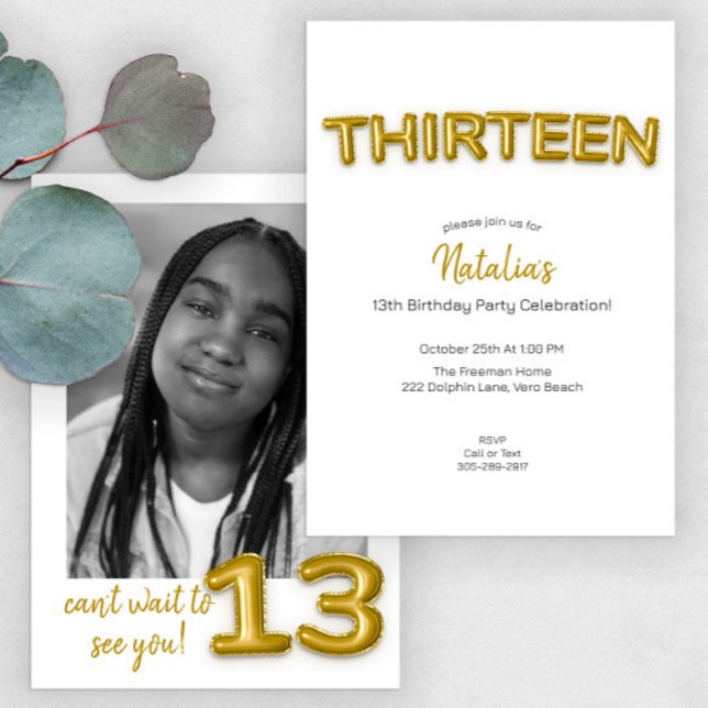Gold Balloon Thirteenth Birthday Photo Invite (Creator Uploaded)