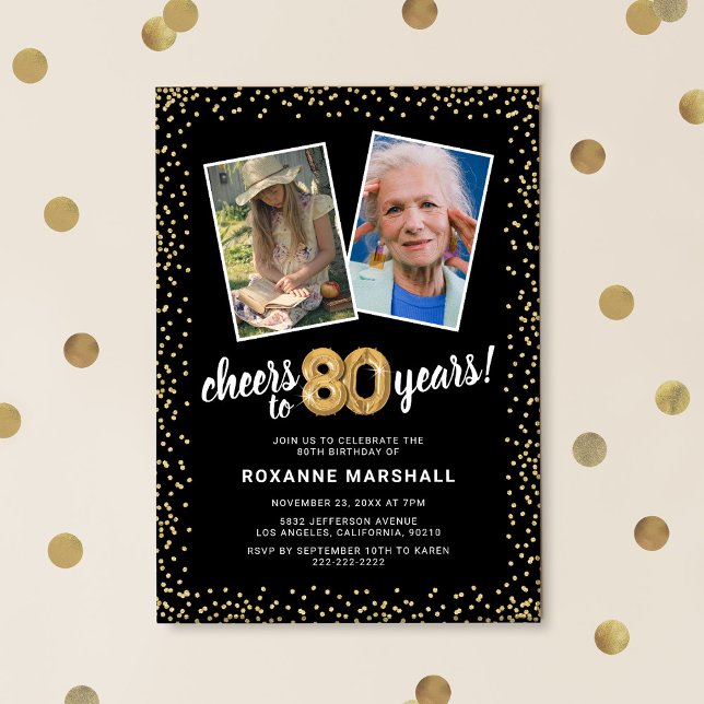 Gold Balloons 2 Photo 80th Birthday  Invitation (Creator Uploaded)