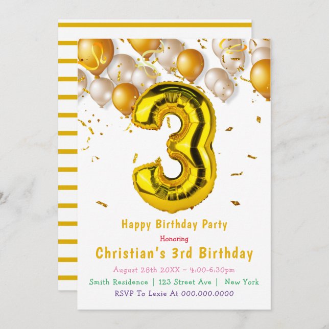 Gold Balloons 3rd Birthday Invitations  (Front/Back)