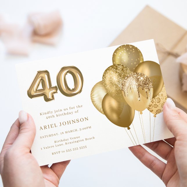 Gold Balloons 40th Birthday Party Invitation (Creator Uploaded)