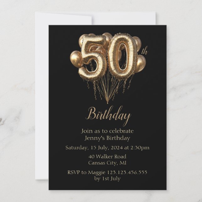 Gold Balloons 50th Birthday  Invitation (Front)