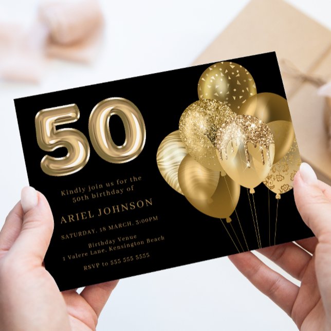 Gold Balloons 50th Birthday Party Black Invitation (Creator Uploaded)