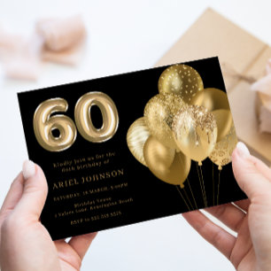Gold Balloons 60th Birthday Party Black Invitation