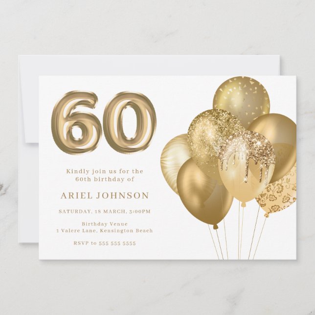 Gold Balloons 60th Birthday Party Invitation (Front)