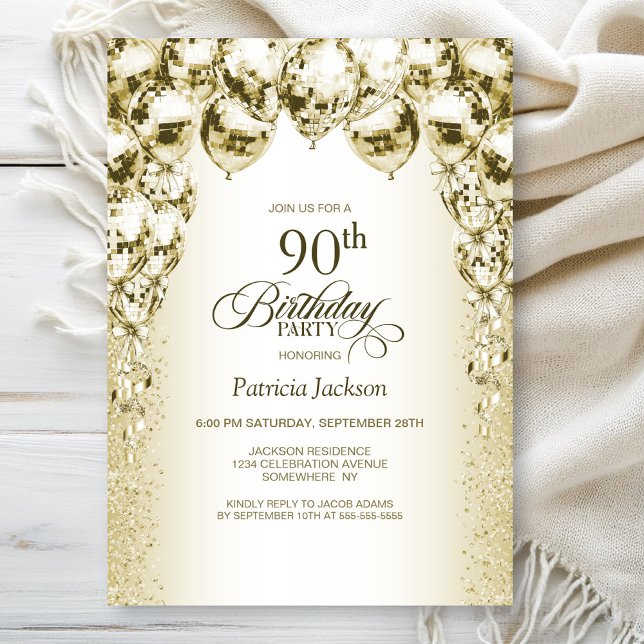 Gold Balloons 90th Birthday Party Invitation (Creator Uploaded)