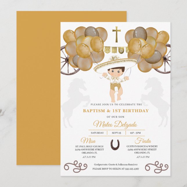 Gold Balloons Baby Charro Mexican Baptism Invitation (Front/Back)