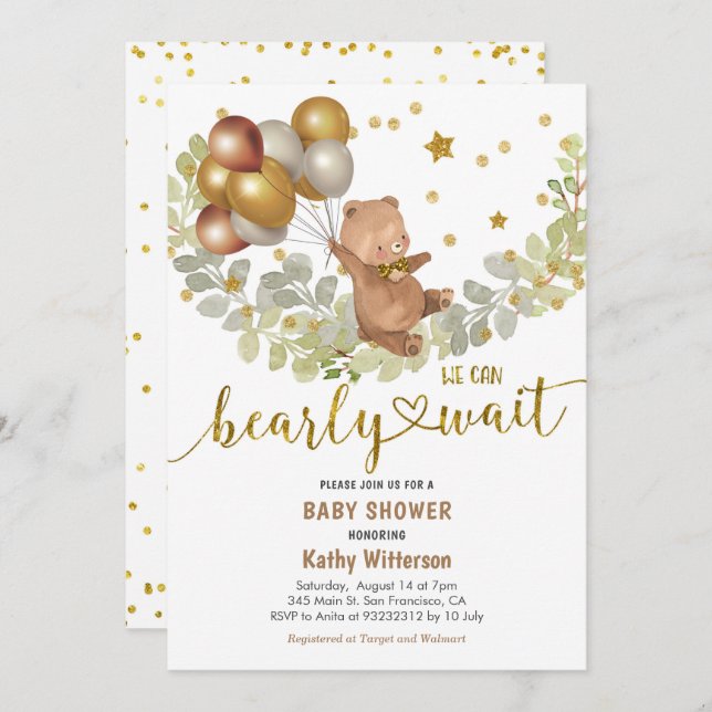 Gold Balloons Bear We Can Bearly Wait Baby Shower  Invitation (Front/Back)