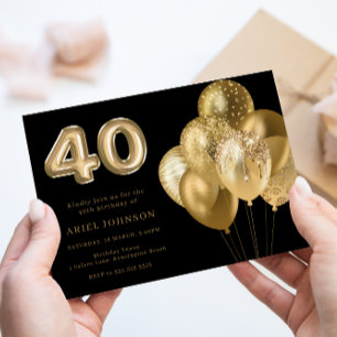 Gold Balloons Black 40th Birthday Party Invitation