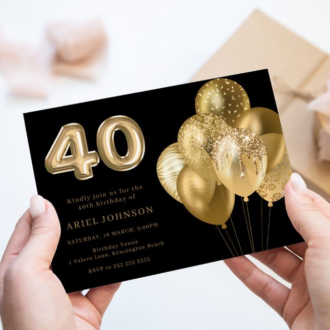 Gold Balloons Black 40th Birthday Party Invitation (Creator Uploaded)