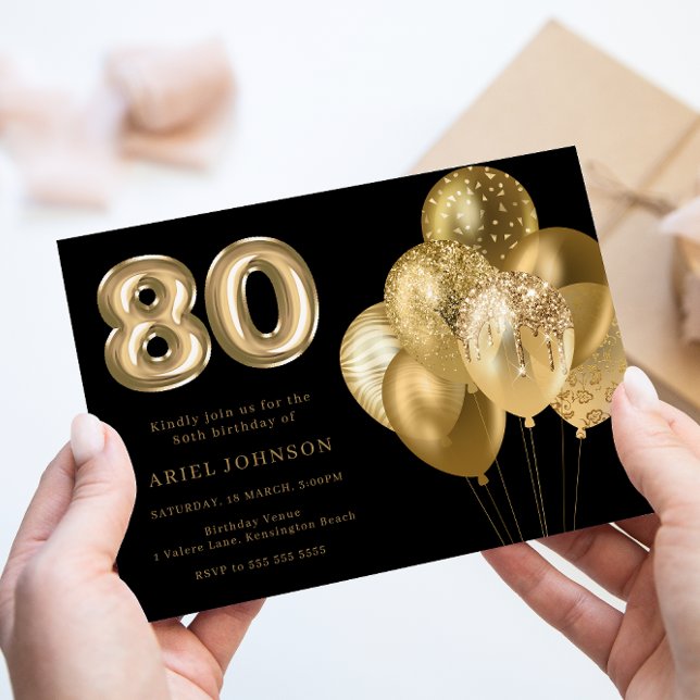 Gold Balloons Black 80th Birthday Party Invitation (Creator Uploaded)