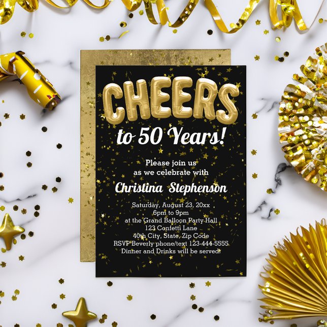 Gold Balloons Cheers to 50 Years 50th Birthday Invitation (gold cheers to 50 years 50th birthday party invitation)