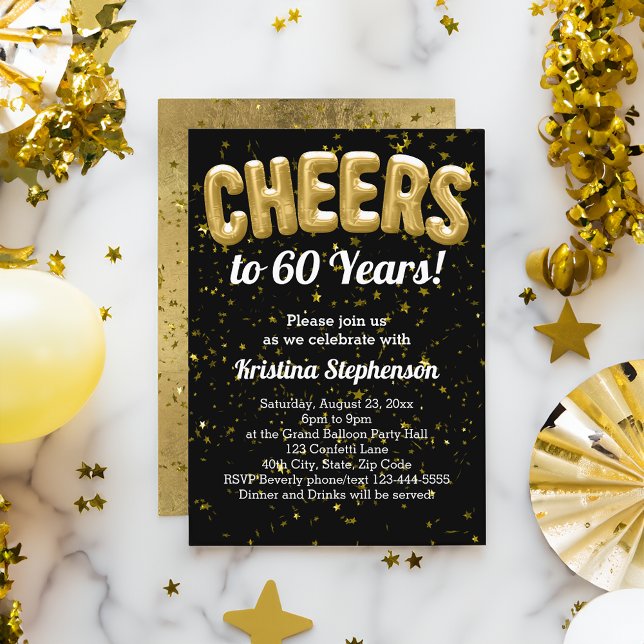 Gold Balloons Cheers to 60 Years 60th Birthday Invitation (cheers to 60 years gold 60th birthday party invitation)