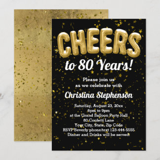 Gold Balloons Cheers to 80 Years 80th Birthday Invitation