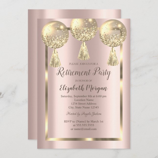 Gold Balloons,Frame,Rose Gold,Retirement  Invitation (Front/Back)