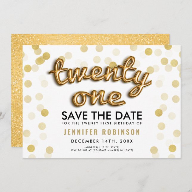 Gold Balloons Glitter 21st Birthday Save The Date Invitation (Front/Back)