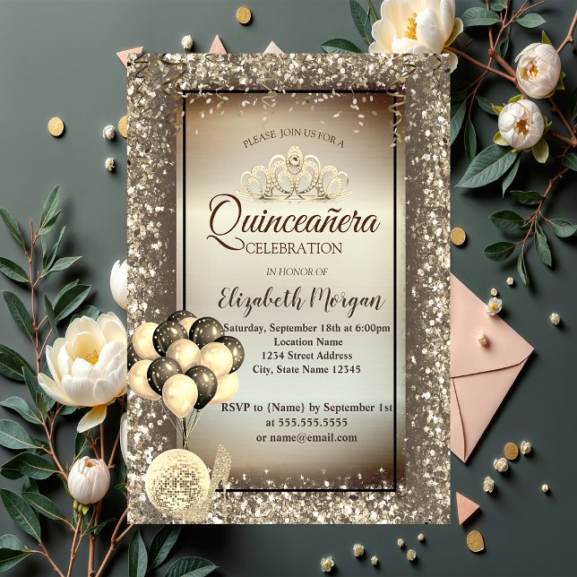 Gold ,Balloons,Heels,Tiara Brown Quinceañera Invitation (Creator Uploaded)