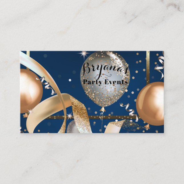 Gold Balloons Navy Blue Party Event Planner Business Card (Front)