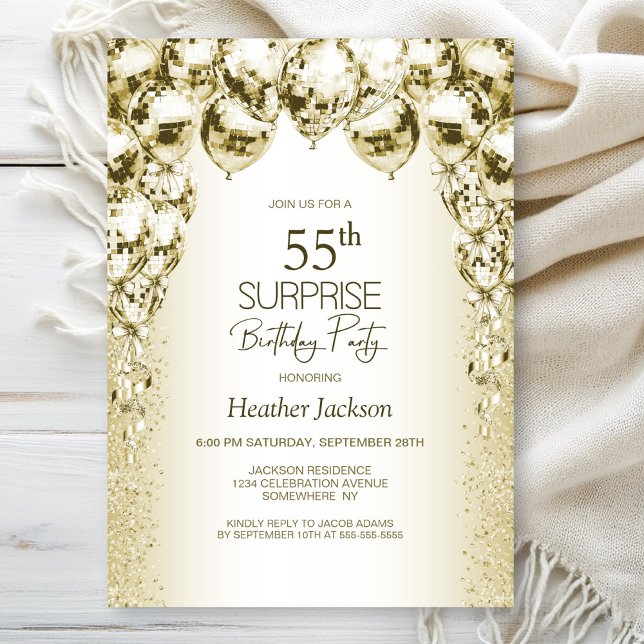 Gold Balloons Surprise 55th Birthday Party Invitation (Creator Uploaded)