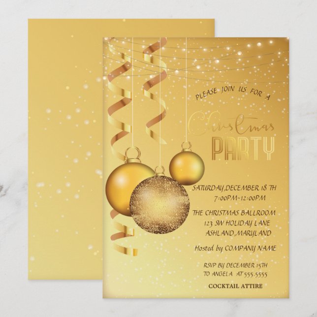 Gold Balls,String Lights Company Christmas Party Invitation (Front/Back)