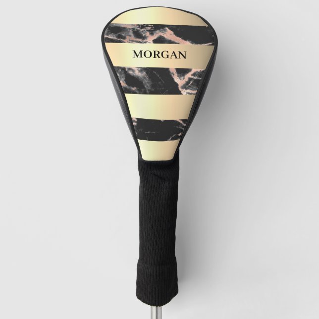 Gold Bands, Black & Rose Gold Marble, Name Golf Head Cover (Front)