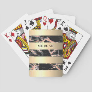 Gold Bands, Black & Rose Gold Marble, Name Playing Cards