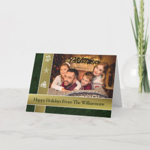 Gold Bands Green Surround Family Photo Holiday Card