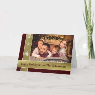 Gold Bands Red Surround Family Photo Holiday Card
